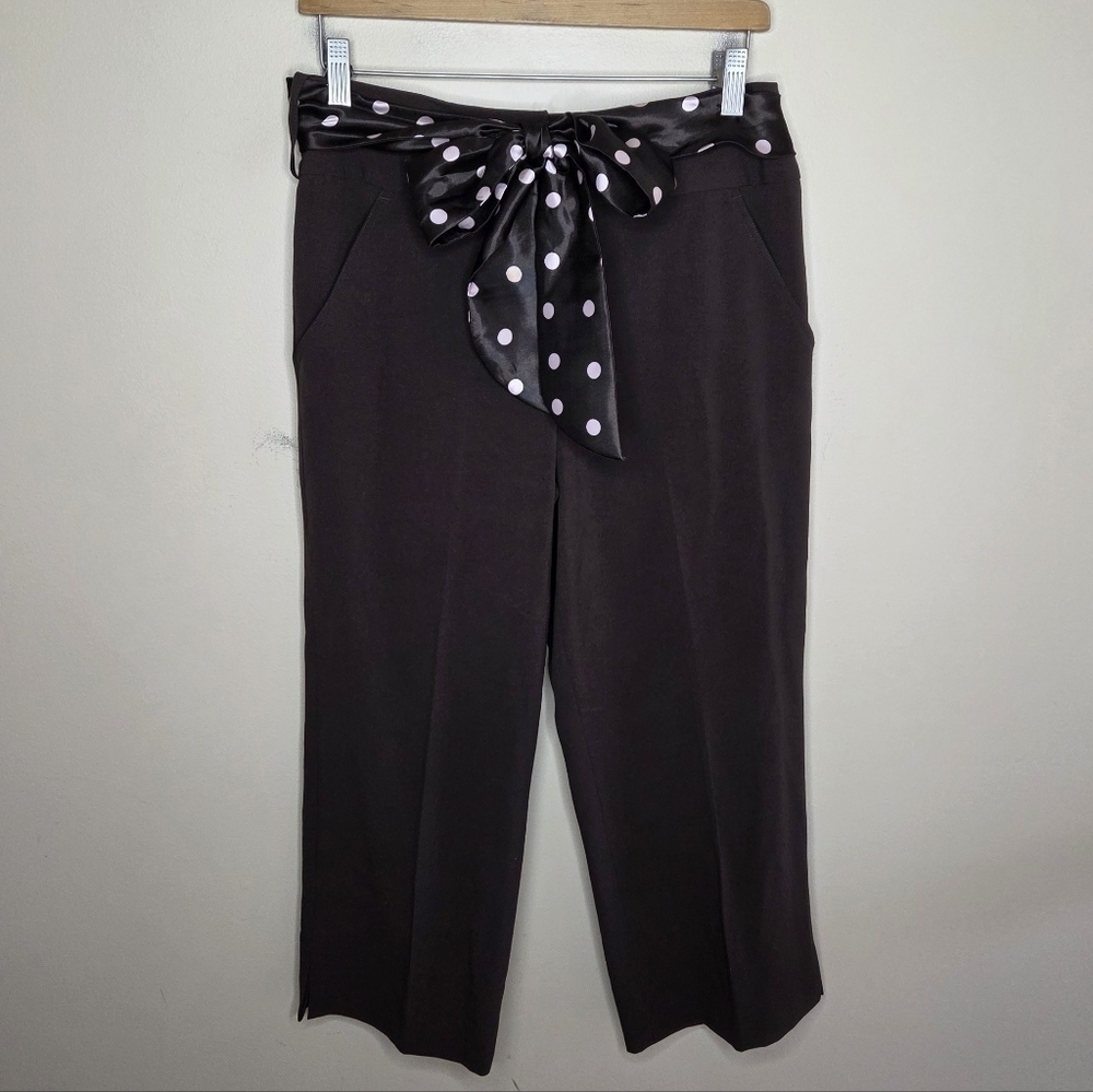 Larry Levine | Petite Brown Wide Leg Capri Cropped Pants Attached Scarf Belt 8P